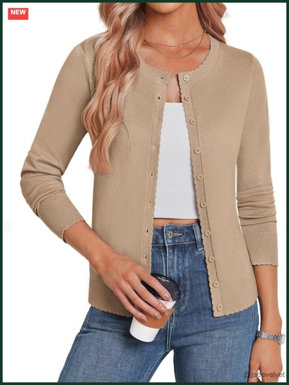 Lightweight Long Sleeve Button Up Knit Cardigan Sweater with Scalloped Trim